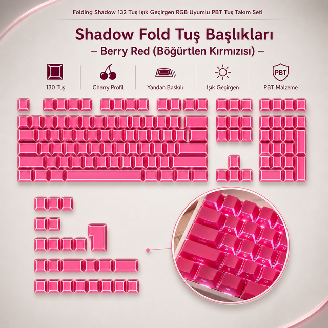 Folding Shadow 132 Tuş Işık Geçirgen RGB Uyumlu PBT Tuş Takım Seti - Kırmızı