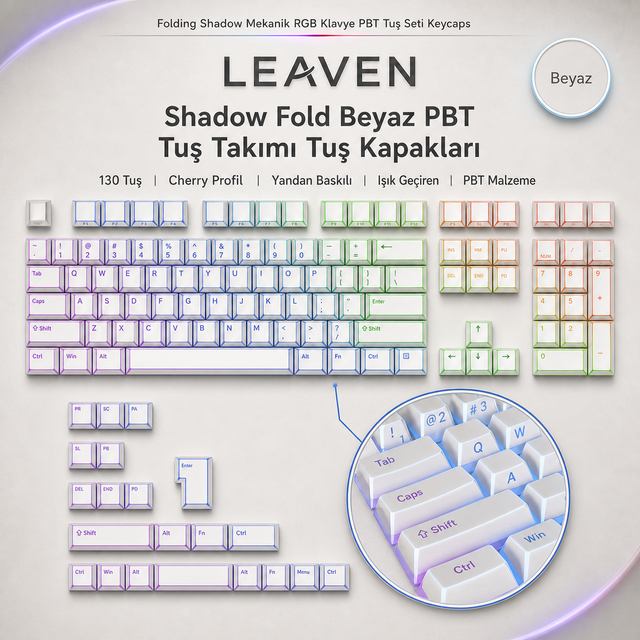 Folding Shadow 132 Tuş Işık Geçirgen RGB Uyumlu PBT Tuş Takım Seti - Beyaz (ygg8643)