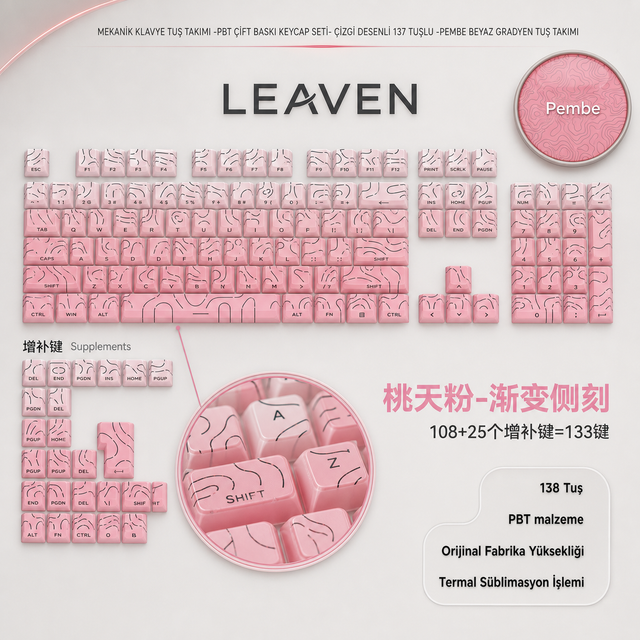 MEKANİK KLAVYE TUŞ TAKIMI -PBT ÇİFT BASKI KEYCAP SETİ- ÇİZGİ DESENLİ 137 TUŞLU -PEMBE BEYAZ GRADYEN TUŞ TAKIMI - Pembe