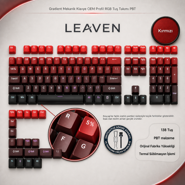 Gradient Mekanik Klavye OEM Profil RGB Tuş Takımı PBT - Kırmızı