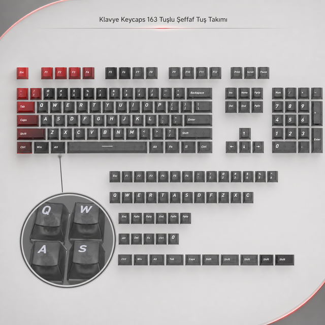 Klavye Keycaps 163 Tuşlu Şeffaf Tuş Takımı - Siyah