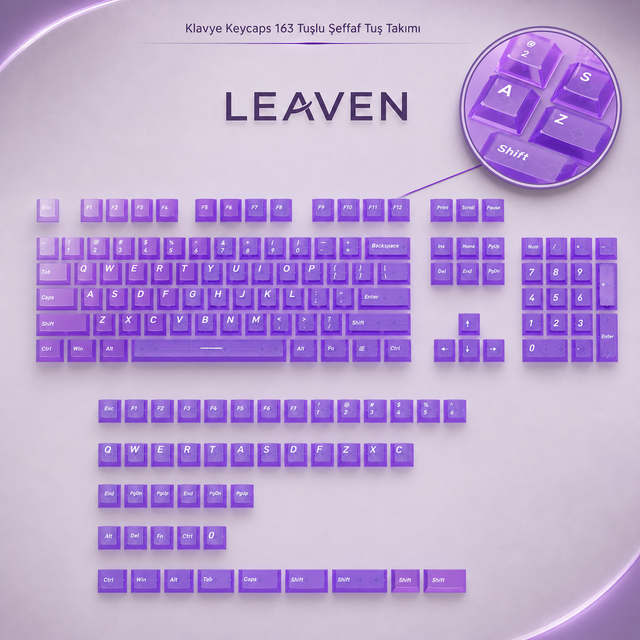 Klavye Keycaps 163 Tuşlu Şeffaf Tuş Takımı - Mor