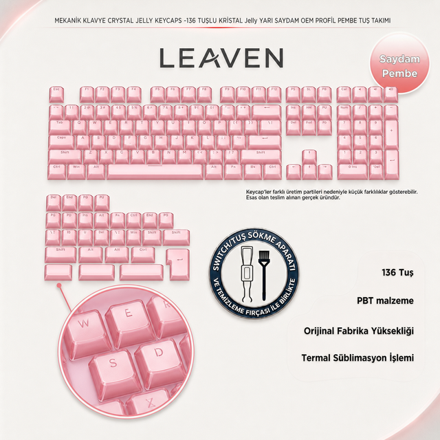 MEKANİK KLAVYE CRYSTAL JELLY KEYCAPS -136 TUŞLU KRİSTAL Jelly YARI SAYDAM OEM PROFİL PEMBE TUŞ TAKIMI - Pembe