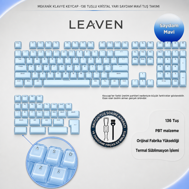 MEKANİK KLAVYE CRYSTAL JELLY KEYCAPS -136 TUŞLU KRİSTAL Jelly YARI SAYDAM OEM PROFİL PEMBE TUŞ TAKIMI - Mavi