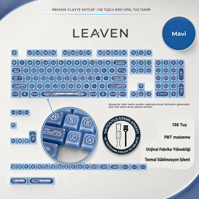 KLAVYE KEYCAPS -136 TUŞLU KIRMIZI, YARI ŞEFFAF IŞIK GEÇİREN TUŞ TAKIMI - Mavi