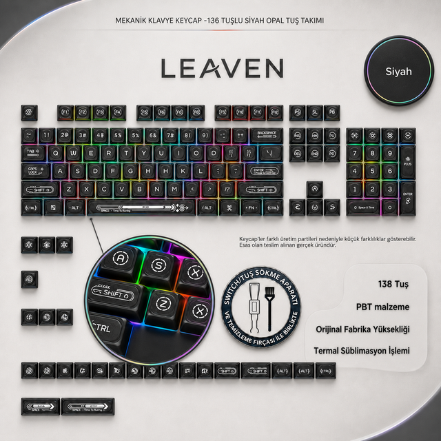 KLAVYE KEYCAPS -136 TUŞLU KIRMIZI, YARI ŞEFFAF IŞIK GEÇİREN TUŞ TAKIMI - Siyah