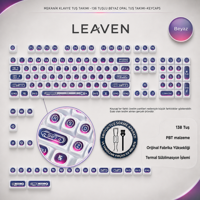 KLAVYE KEYCAPS -136 TUŞLU KIRMIZI, YARI ŞEFFAF IŞIK GEÇİREN TUŞ TAKIMI - Beyaz