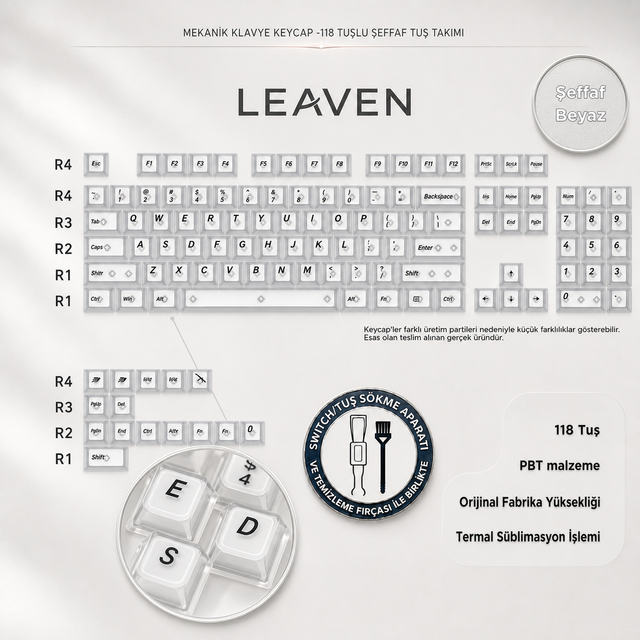 MEKANİK KLAVYE KEYCAP - RGB 118 TUŞLU ŞEFFAF TUŞ TAKIMI - Şeffaf Beyaz