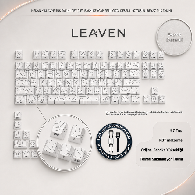MEKANİK KLAVYE TUŞ TAKIMI-PBT ÇİFT BASKI KEYCAP SETİ- ÇİZGİ DESENLİ 97 TUŞLU -BEYAZ TUŞ TAKIMI - Desenli Beyaz
