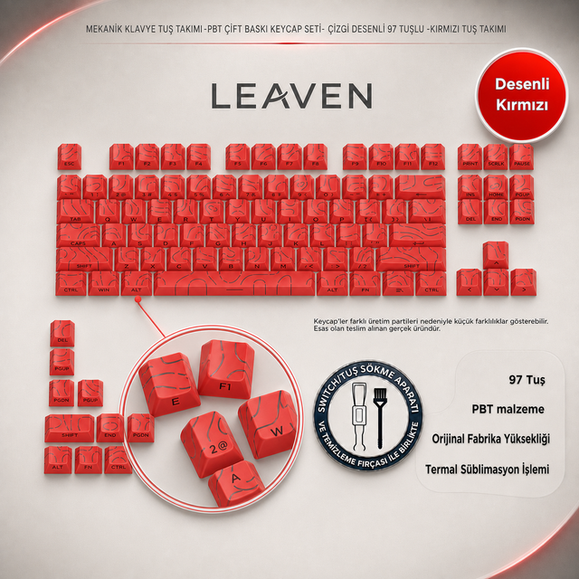 MEKANİK KLAVYE TUŞ TAKIMI-PBT ÇİFT BASKI KEYCAP SETİ- ÇİZGİ DESENLİ 97 TUŞLU -KIRMIZI TUŞ TAKIMI - Desenli Kırmızı