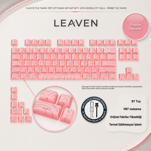 MEKANİK KLAVYE TUŞ TAKIMI-PBT ÇİFT BASKI KEYCAP SETİ- ÇİZGİ DESENLİ 97 TUŞLU -KIRMIZI TUŞ TAKIMI - Desenli Pembe