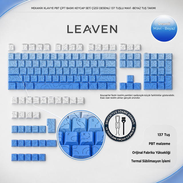 MEKANİK KLAVYE TUŞ TAKIMI -PBT ÇİFT BASKI KEYCAP SETİ- ÇİZGİ DESENLİ 137 TUŞLU -PEMBE BEYAZ GRADYEN TUŞ TAKIMI - Mavi - Beyaz