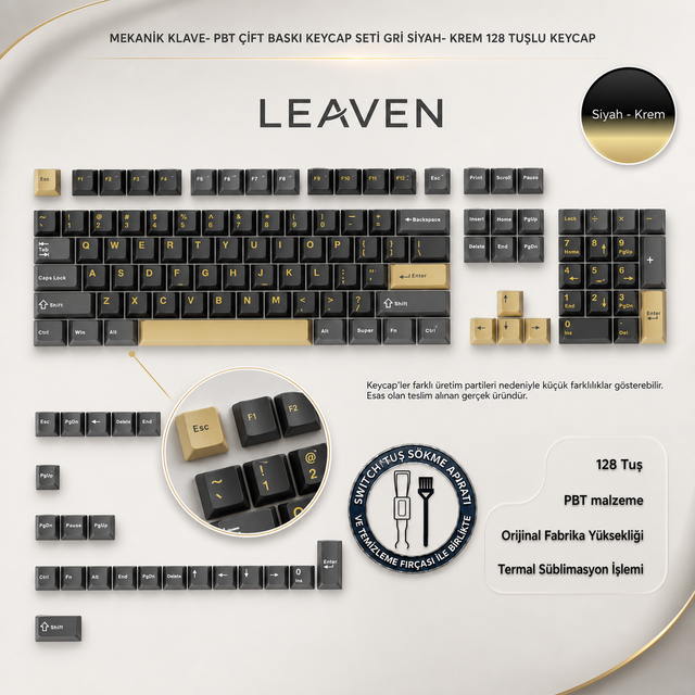 MEKANİK KLAVE- PBT ÇİFT BASKI KEYCAP SETİ GRİ SİYAH- KREM 128 TUŞLU KEYCAP - Gri - Siyah - Krem
