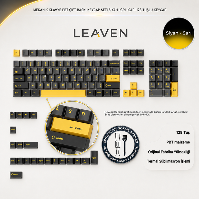 MEKANİK KLAVE- PBT ÇİFT BASKI KEYCAP SETİ GRİ SİYAH- KREM 128 TUŞLU KEYCAP - Siyah - Sarı