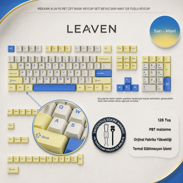 MEKANİK KLAVE- PBT ÇİFT BASKI KEYCAP SETİ GRİ SİYAH- KREM 128 TUŞLU KEYCAP - Sarı - Mavi