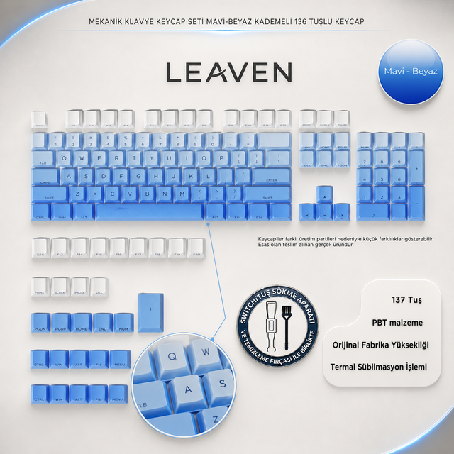 MEKANİK KLAVYE KEYCAP SETİ MAVİ-BEYAZ KADEMELİ 136 TUŞLU KEYCAP - Mavi - Beyaz