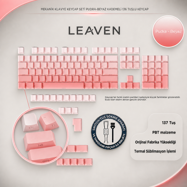 MEKANİK KLAVYE KEYCAP SETİ MAVİ-BEYAZ KADEMELİ 136 TUŞLU KEYCAP - Pudra - Beyaz