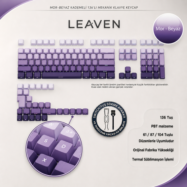 MEKANİK KLAVYE KEYCAP SETİ MAVİ-BEYAZ KADEMELİ 136 TUŞLU KEYCAP - Mor - Beyaz
