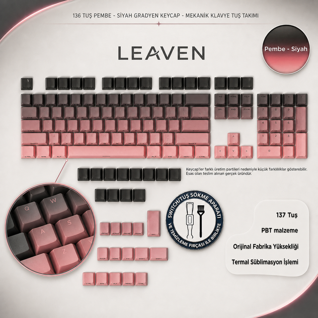MEKANİK KLAVYE KEYCAP SETİ MAVİ-BEYAZ KADEMELİ 136 TUŞLU KEYCAP - Pembe - Siyah