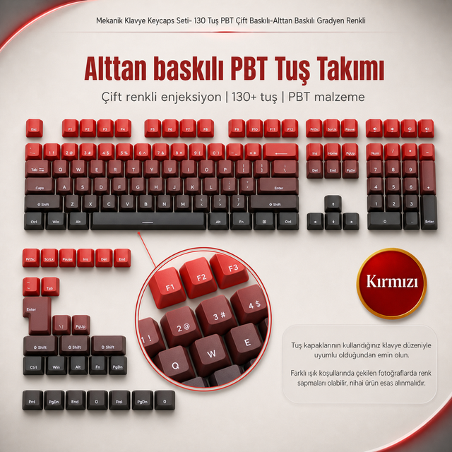 Mekanik Klavye Keycaps Seti- 130 Tuş PBT Çift Baskılı-Alttan Baskılı Gradyen Renkli - Kırmızı