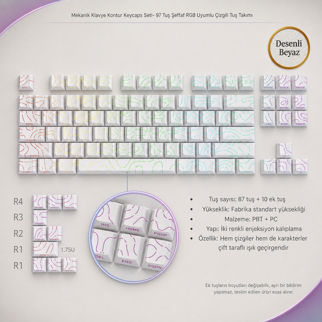Mekanik Klavye Keycaps Seti- 130 Tuş PBT Çift Baskılı-Alttan Baskılı Gradyen Renkli - Çizgili Beyaz