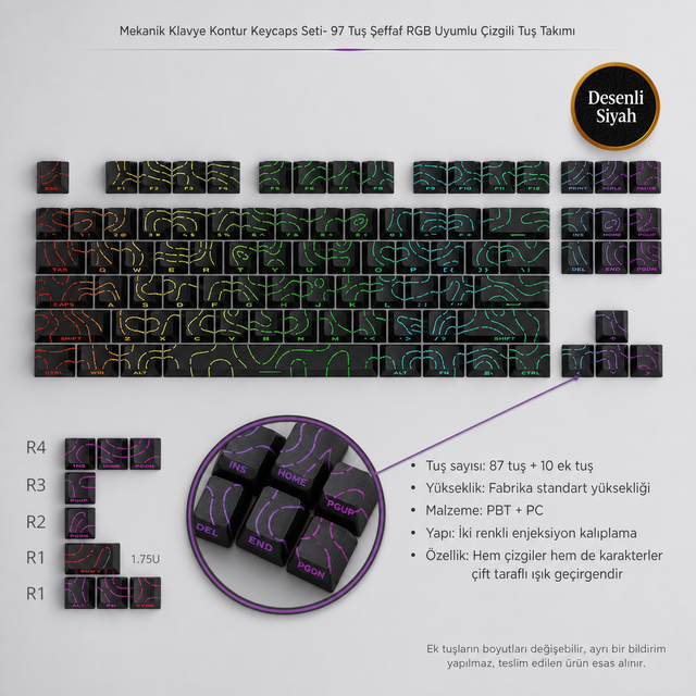 Mekanik Klavye Keycaps Seti- 130 Tuş PBT Çift Baskılı-Alttan Baskılı Gradyen Renkli - Çizgili Siyah