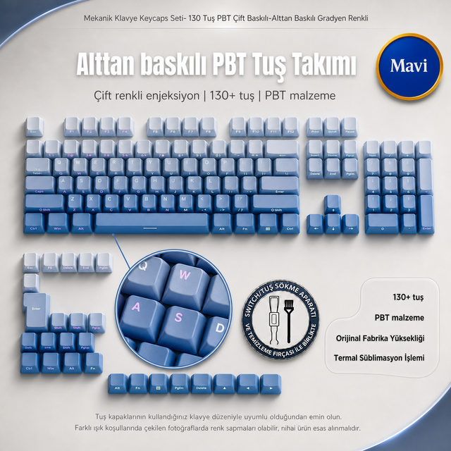 Mekanik Klavye Keycaps Seti- 130 Tuş PBT Çift Baskılı-Alttan Baskılı Gradyen Renkli - Mavi