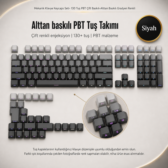 Mekanik Klavye Keycaps Seti- 130 Tuş PBT Çift Baskılı-Alttan Baskılı Gradyen Renkli - Siyah