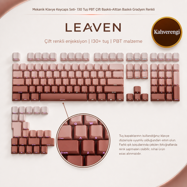 Mekanik Klavye Keycaps Seti- 130 Tuş PBT Çift Baskılı-Alttan Baskılı Gradyen Renkli - Kahverengi