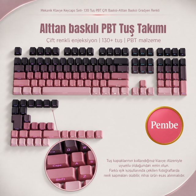 Mekanik Klavye Keycaps Seti- 130 Tuş PBT Çift Baskılı-Alttan Baskılı Gradyen Renkli - Pembe