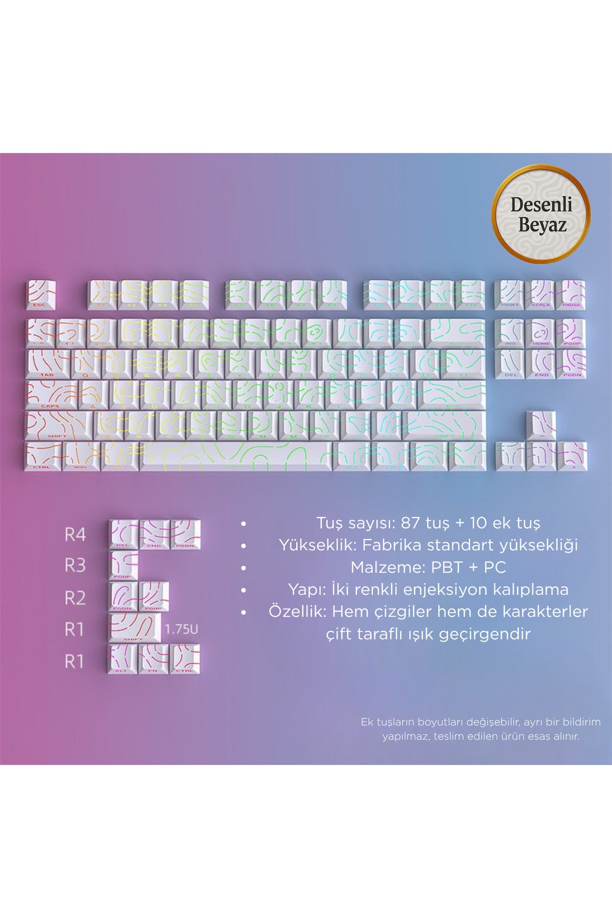 Mekanik Klavye Keycaps Seti- 130 Tuş PBT Çift Baskılı-Alttan Baskılı Gradyen Renkli - Çizgili Beyaz ürün görseli 1