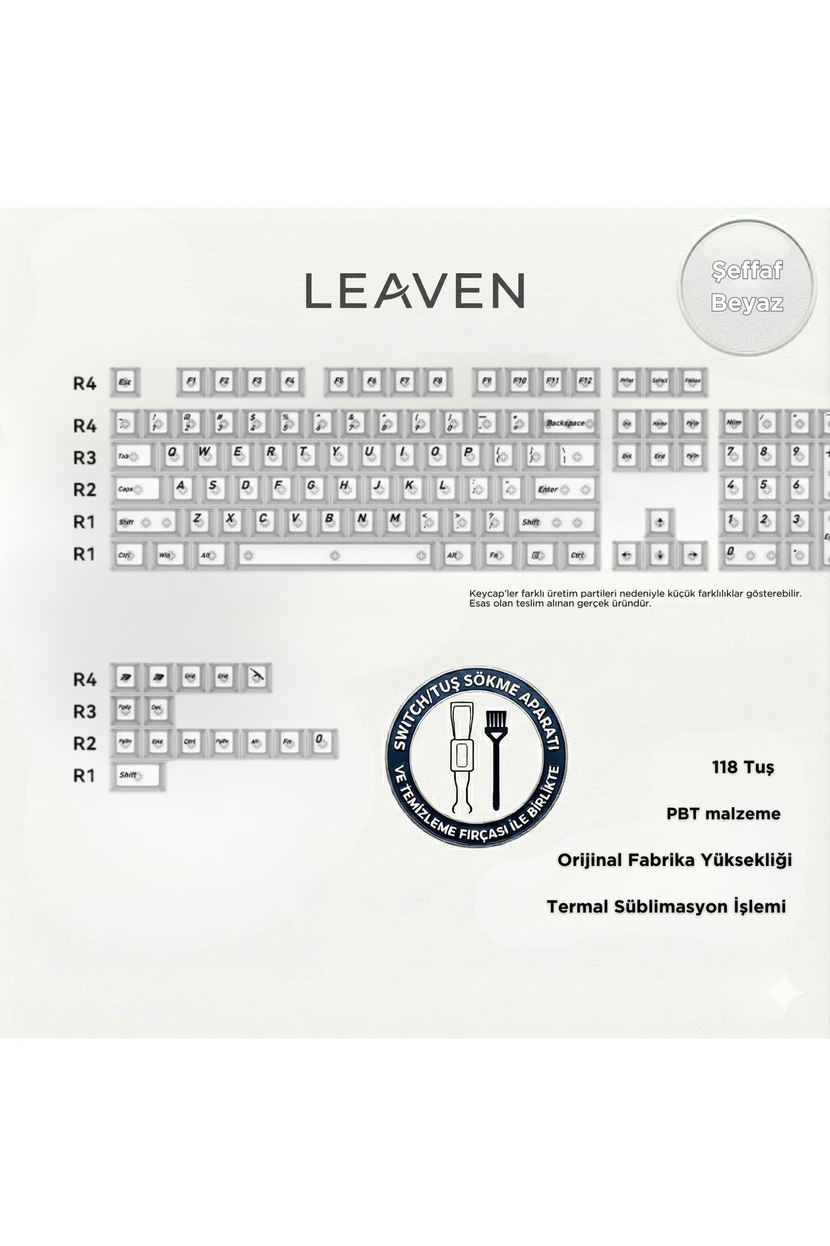 MEKANİK KLAVYE KEYCAP - RGB 118 TUŞLU ŞEFFAF TUŞ TAKIMI - Şeffaf Beyaz ürün görseli 1