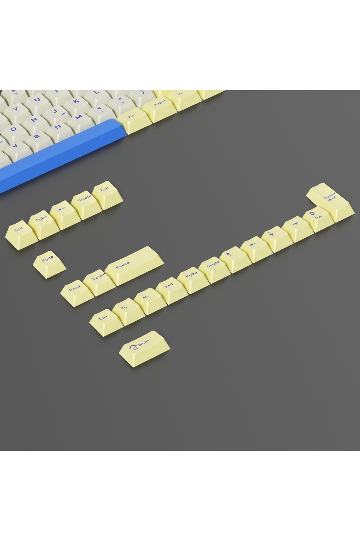 MEKANİK KLAVE- PBT ÇİFT BASKI KEYCAP SETİ GRİ SİYAH- KREM 128 TUŞLU KEYCAP - Sarı - Mavi ürün görseli 3