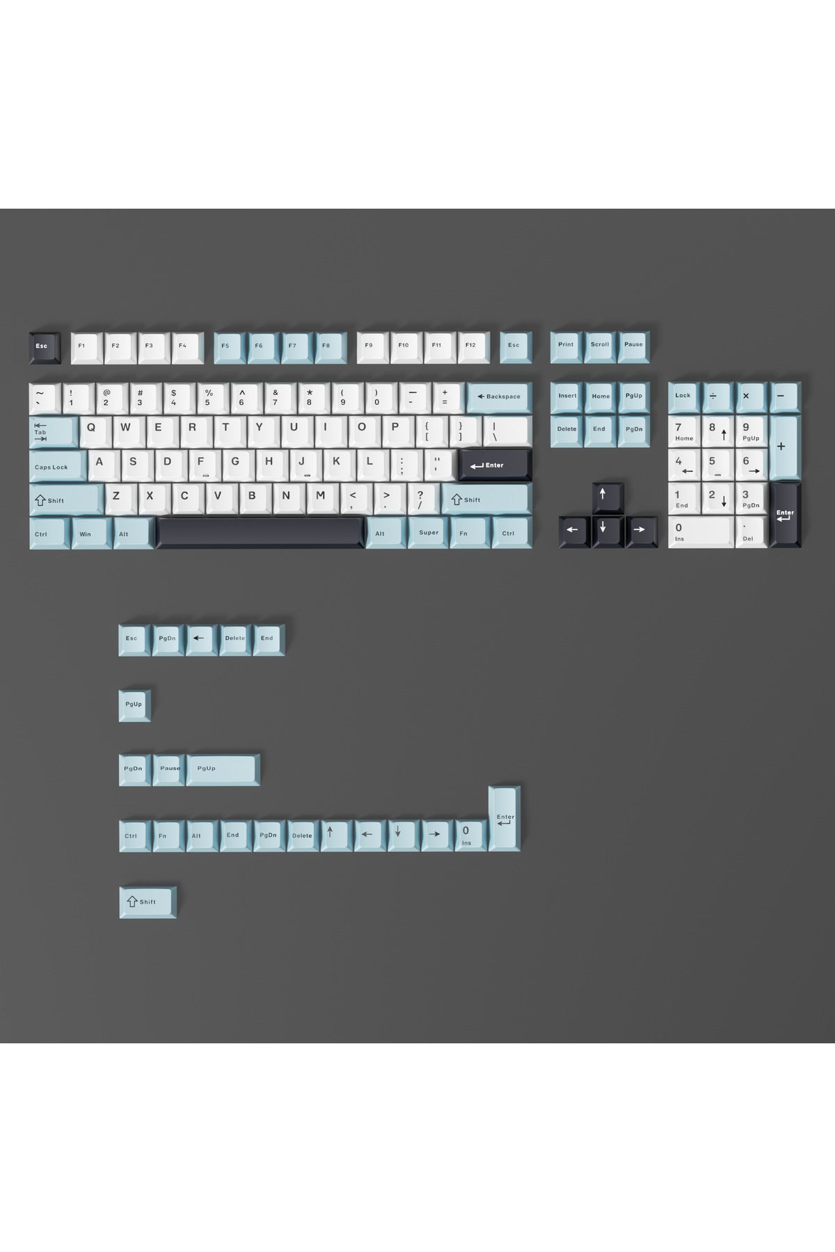 MEKANİK KLAVE- PBT ÇİFT BASKI KEYCAP SETİ GRİ SİYAH- KREM 128 TUŞLU KEYCAP - Mavi - Beyaz ürün görseli 6