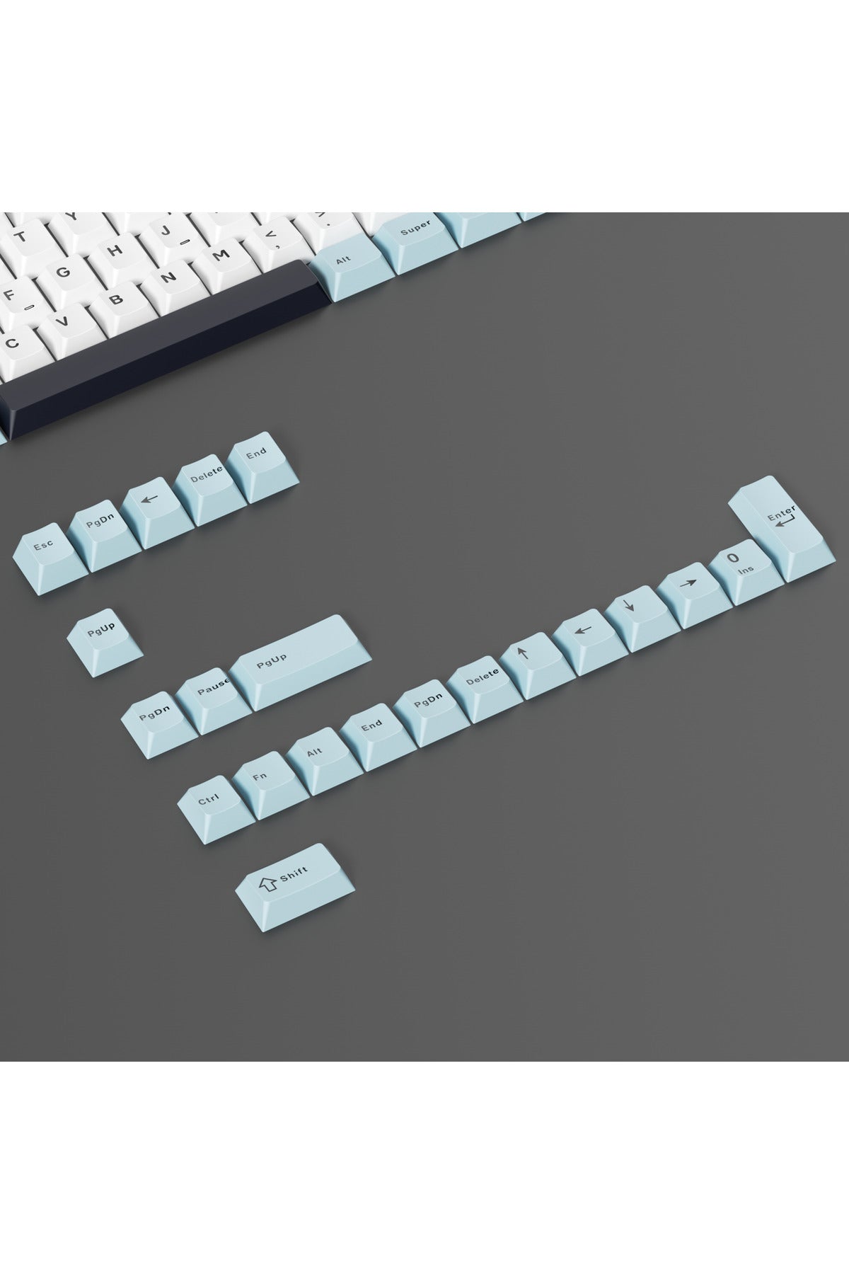 MEKANİK KLAVE- PBT ÇİFT BASKI KEYCAP SETİ GRİ SİYAH- KREM 128 TUŞLU KEYCAP - Mavi - Beyaz ürün görseli 5