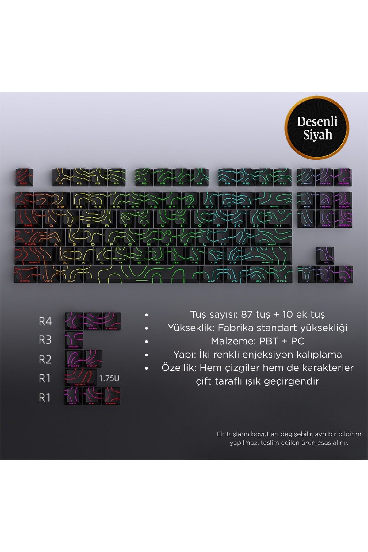 Mekanik Klavye Keycaps Seti- 130 Tuş PBT Çift Baskılı-Alttan Baskılı Gradyen Renkli - Çizgili Siyah ürün görseli 1