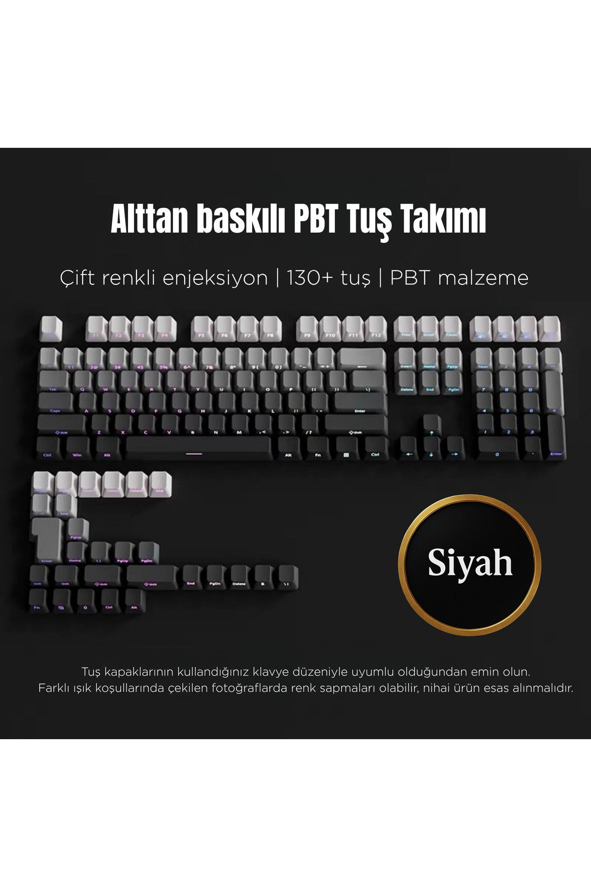 Mekanik Klavye Keycaps Seti- 130 Tuş PBT Çift Baskılı-Alttan Baskılı Gradyen Renkli - Siyah ürün görseli 1
