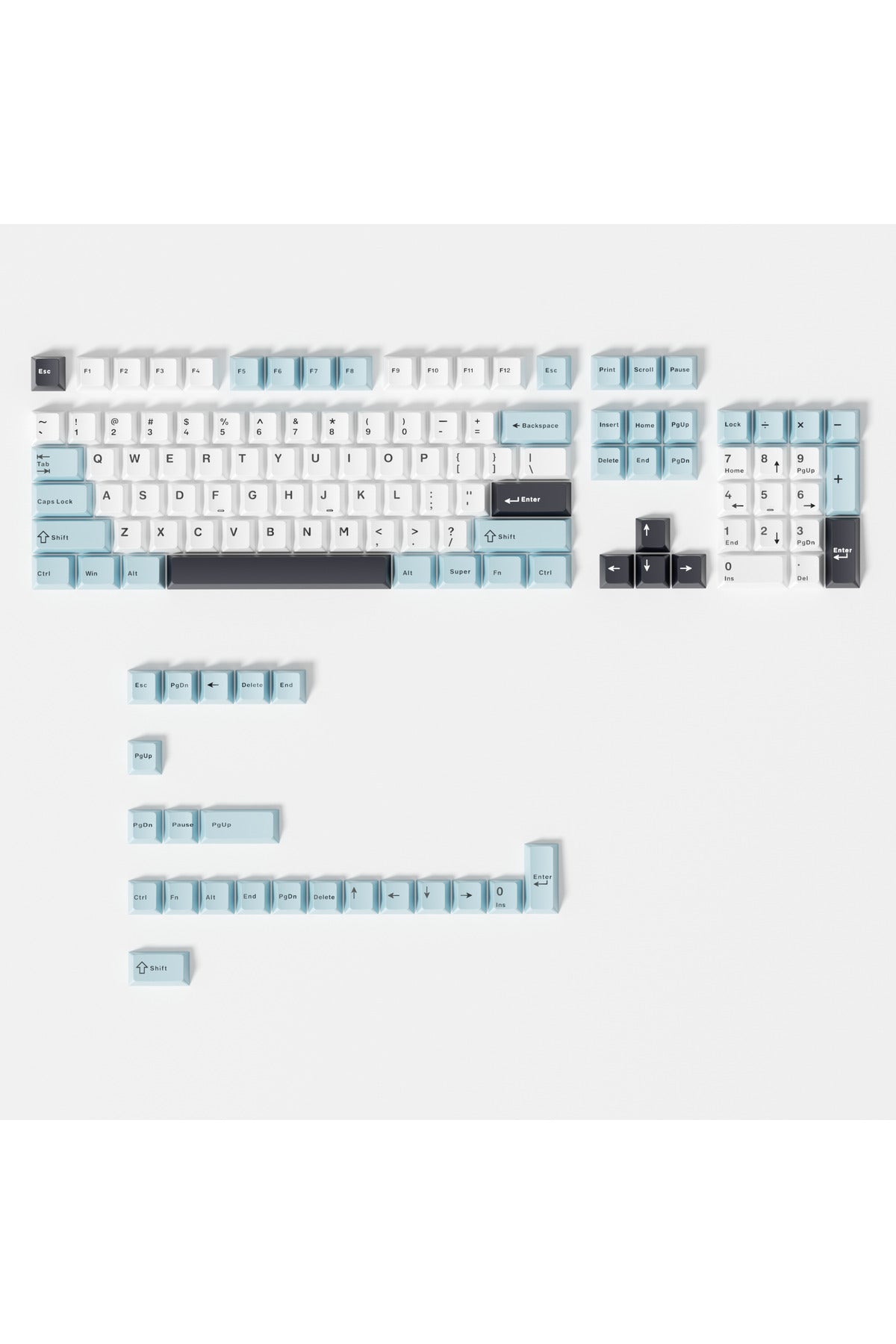 MEKANİK KLAVE- PBT ÇİFT BASKI KEYCAP SETİ GRİ SİYAH- KREM 128 TUŞLU KEYCAP - Mavi - Beyaz ürün görseli 2