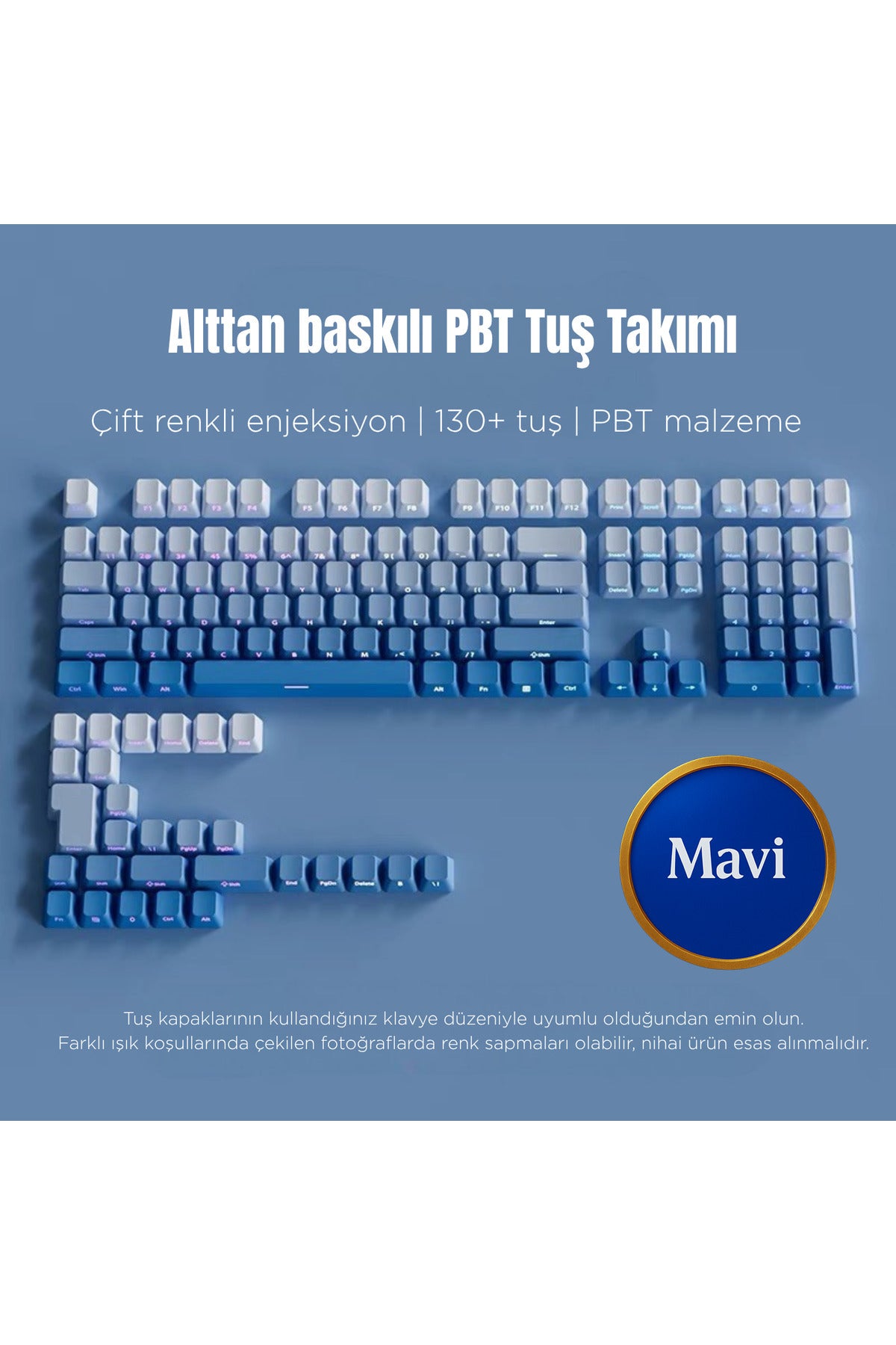 Mekanik Klavye Keycaps Seti- 130 Tuş PBT Çift Baskılı-Alttan Baskılı Gradyen Renkli - Mavi ürün görseli 1