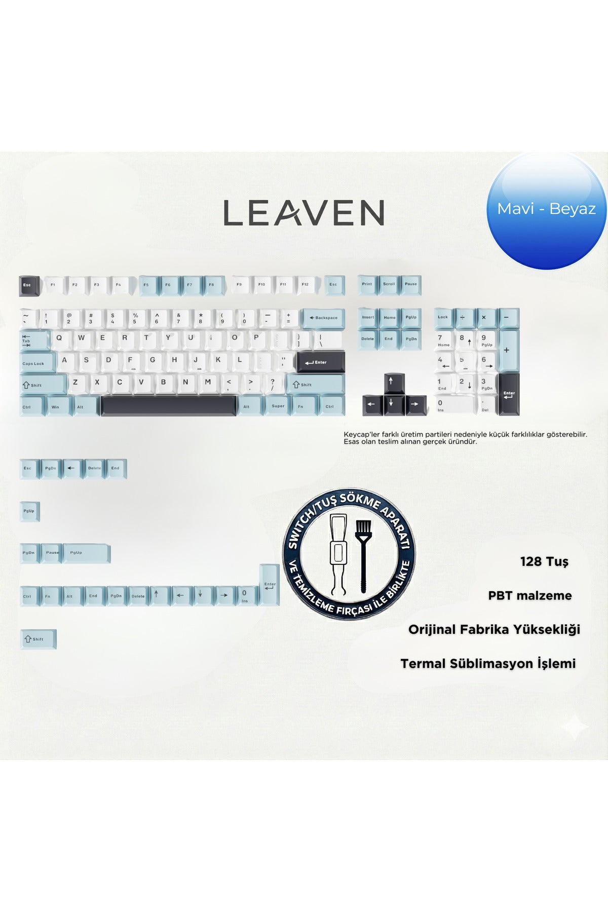 MEKANİK KLAVE- PBT ÇİFT BASKI KEYCAP SETİ GRİ SİYAH- KREM 128 TUŞLU KEYCAP - Mavi - Beyaz ürün görseli 1