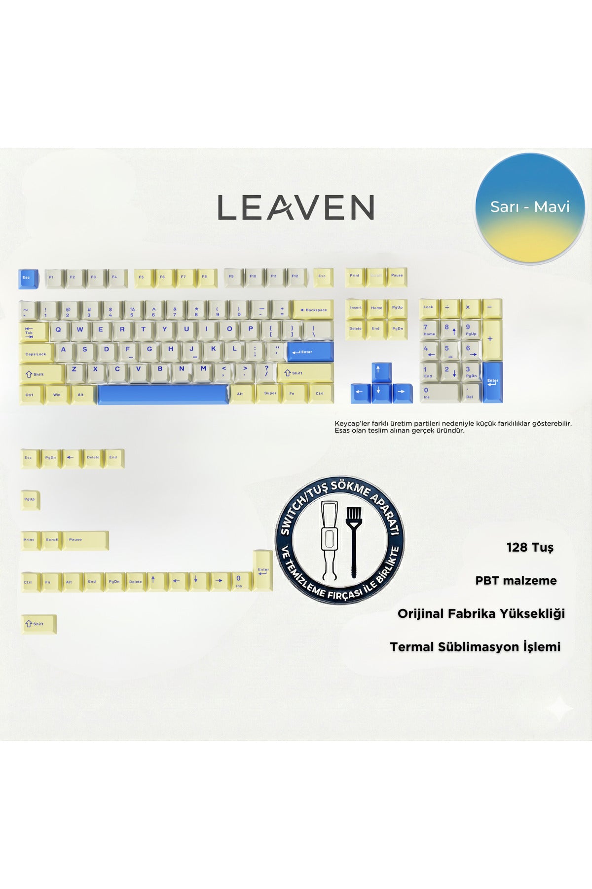 MEKANİK KLAVE- PBT ÇİFT BASKI KEYCAP SETİ GRİ SİYAH- KREM 128 TUŞLU KEYCAP - Sarı - Mavi ürün görseli 1