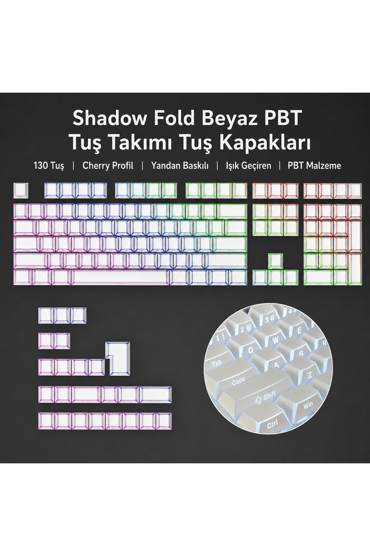 Folding Shadow 132 Tuş Işık Geçirgen RGB Uyumlu PBT Tuş Takım Seti - Beyaz (ygg8643) ürün görseli 1