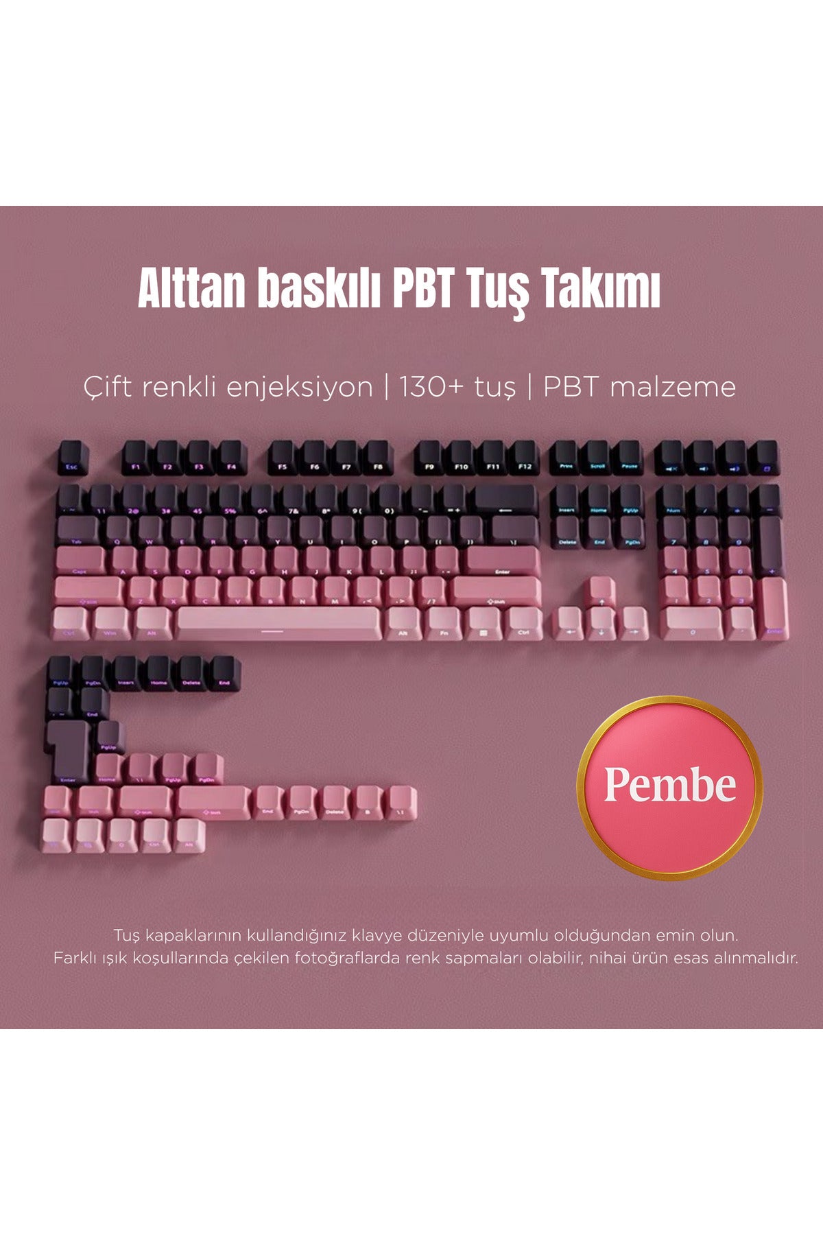 Mekanik Klavye Keycaps Seti- 130 Tuş PBT Çift Baskılı-Alttan Baskılı Gradyen Renkli - Pembe ürün görseli 1