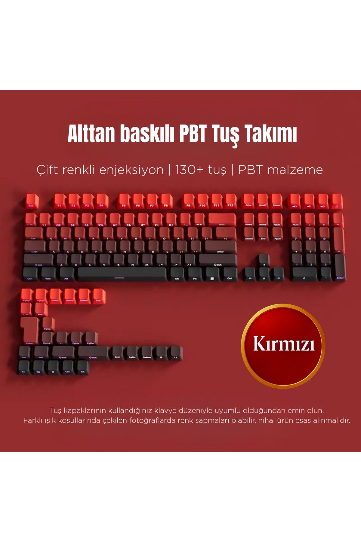 Mekanik Klavye Keycaps Seti- 130 Tuş PBT Çift Baskılı-Alttan Baskılı Gradyen Renkli - Kırmızı ürün görseli 1